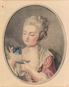 Antigua ilustración de dama tomando chocolate (Histoires de Parfums)