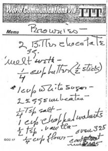 Anotaciones del Sr. Henderson tomadas mientras recibía el dictado de la receta de los brownies de la actriz Katharine Hepburn (publicada en The New York Times en 2003)